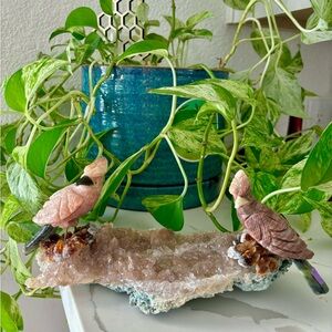 Gemstone Bird carving on Amethyst Flower